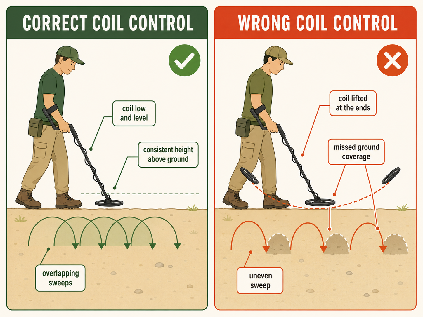 Metal detecting correct swing technique diagram