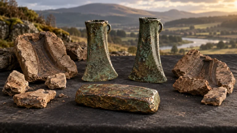 Illustrative reconstruction of Bronze Age copper ingot, axe-heads and clay moulds in a Scottish landscape