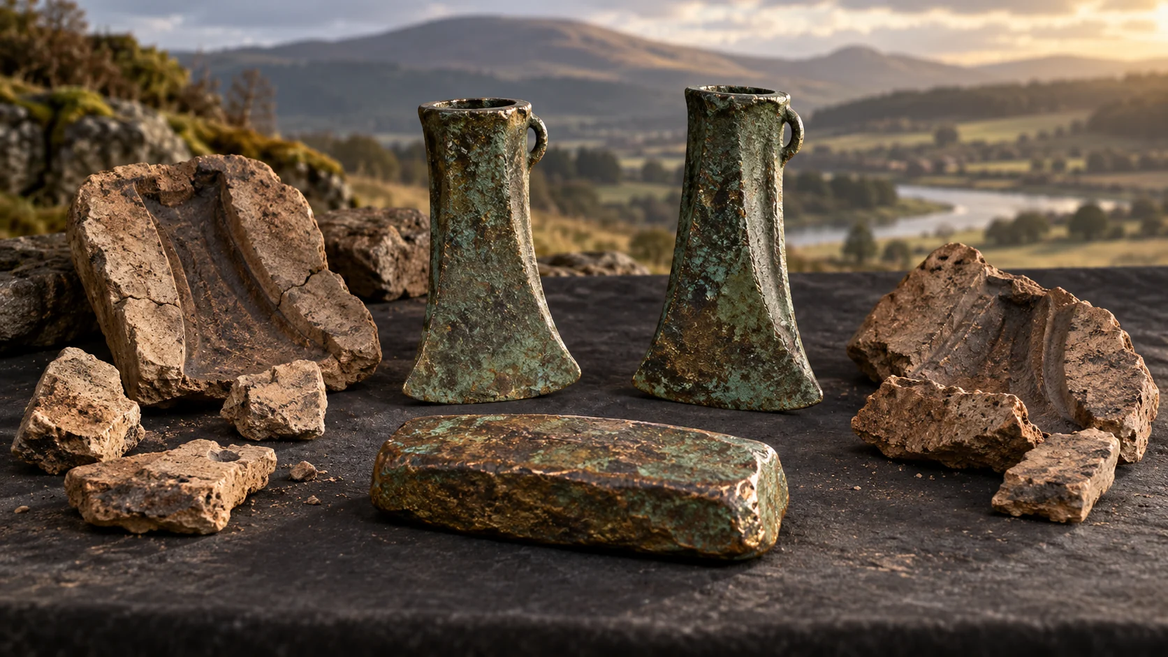 Illustrative reconstruction of Bronze Age copper ingot, axe-heads and clay moulds in a Scottish landscape