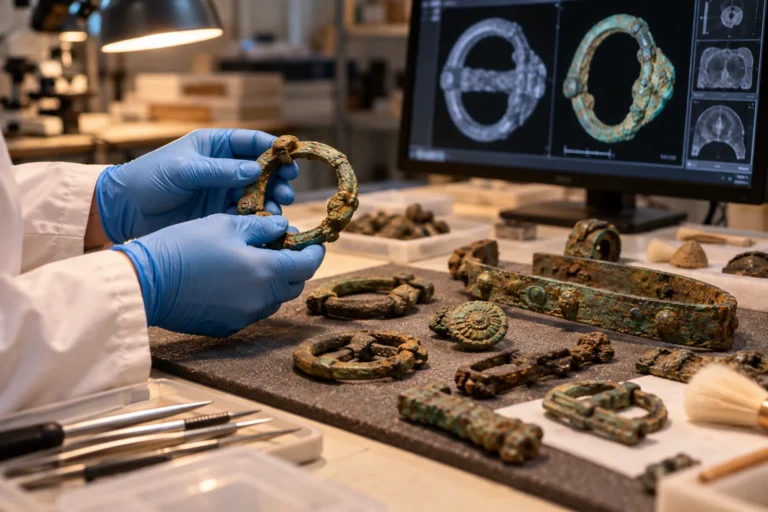 Editorial illustration of gloved hands studying corroded Iron Age-style metal fittings on an archaeological conservation workbench