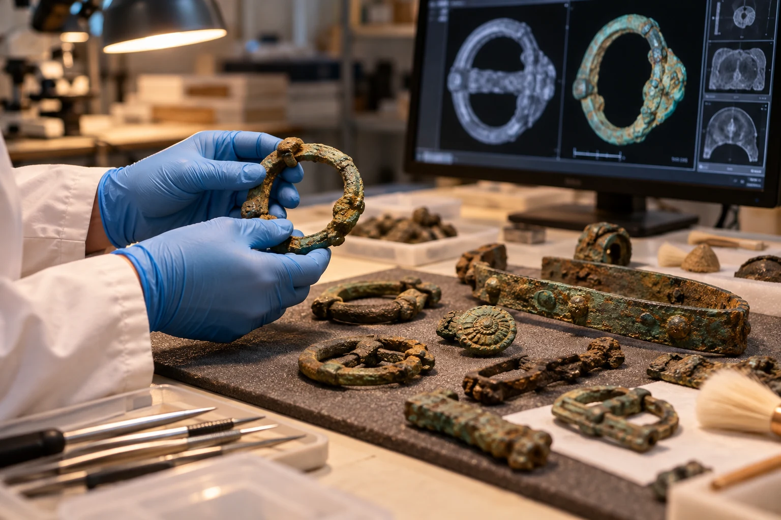 Editorial illustration of gloved hands studying corroded Iron Age-style metal fittings on an archaeological conservation workbench