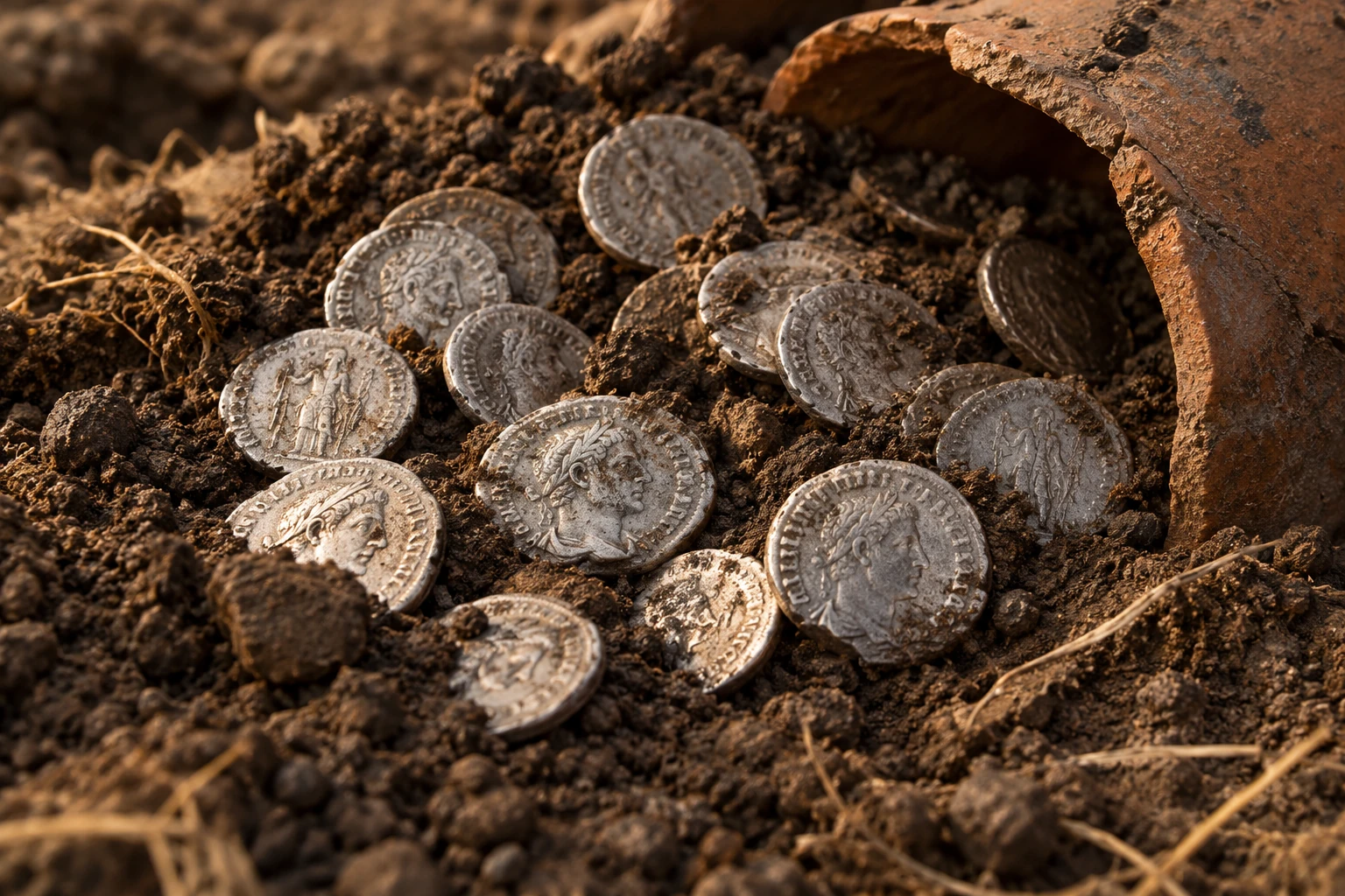 Illustrative reconstruction of worn Roman silver coins partly buried in soil beside an earthenware fragment, not a photograph of the Wesseling hoard.